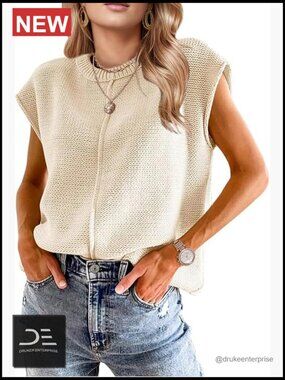 Trendy Crochet Sweater Vest Cap Sleeve Crew Neck Boho Western Top